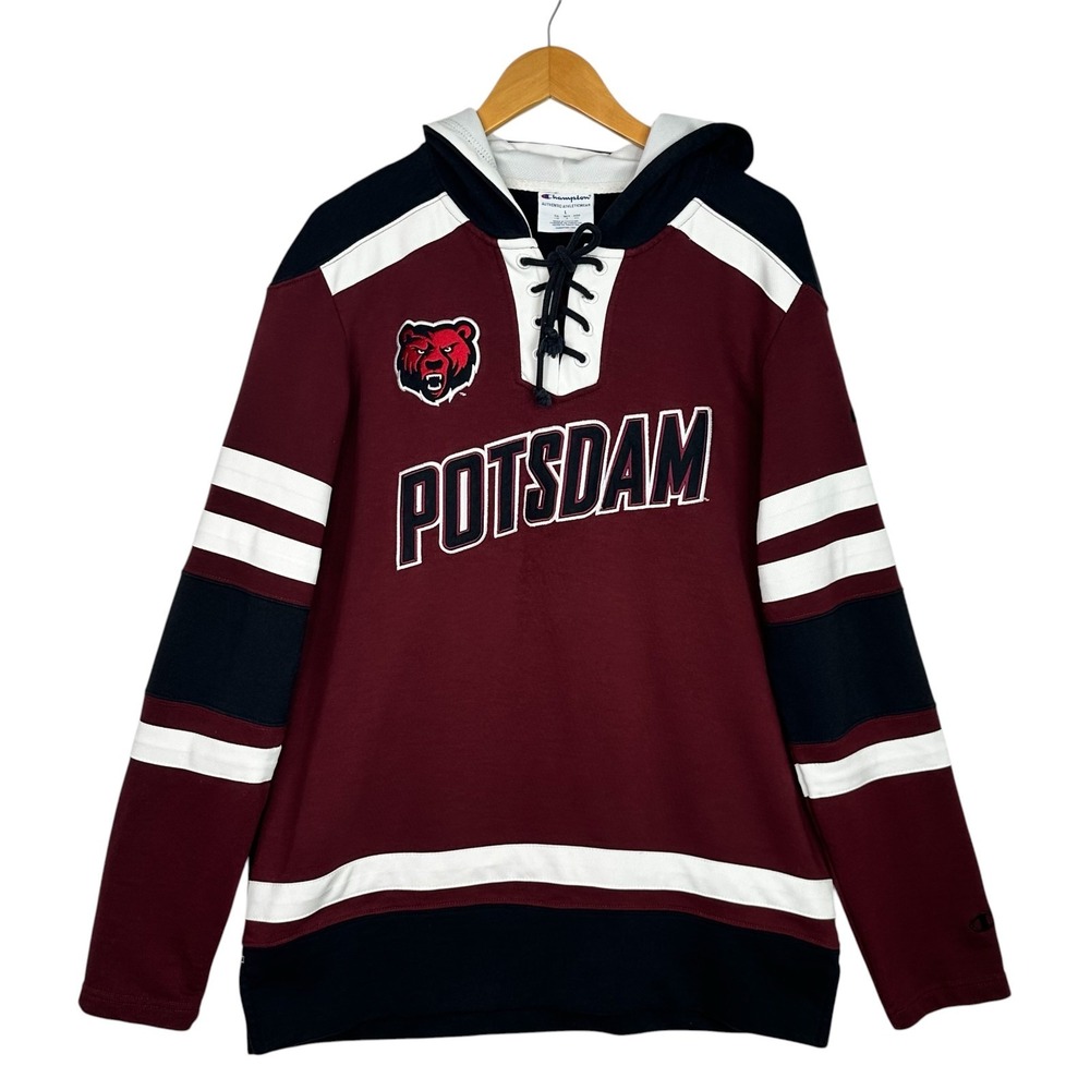 Champion SUNY Potsdam Bears Hockey Lace Up Hoodie Men L Maroon Navy Collegiate